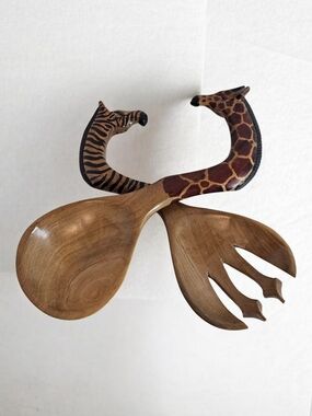 Hand Carved African Wood Salad Servers Giraffe Zebra Teak Utensil Set
